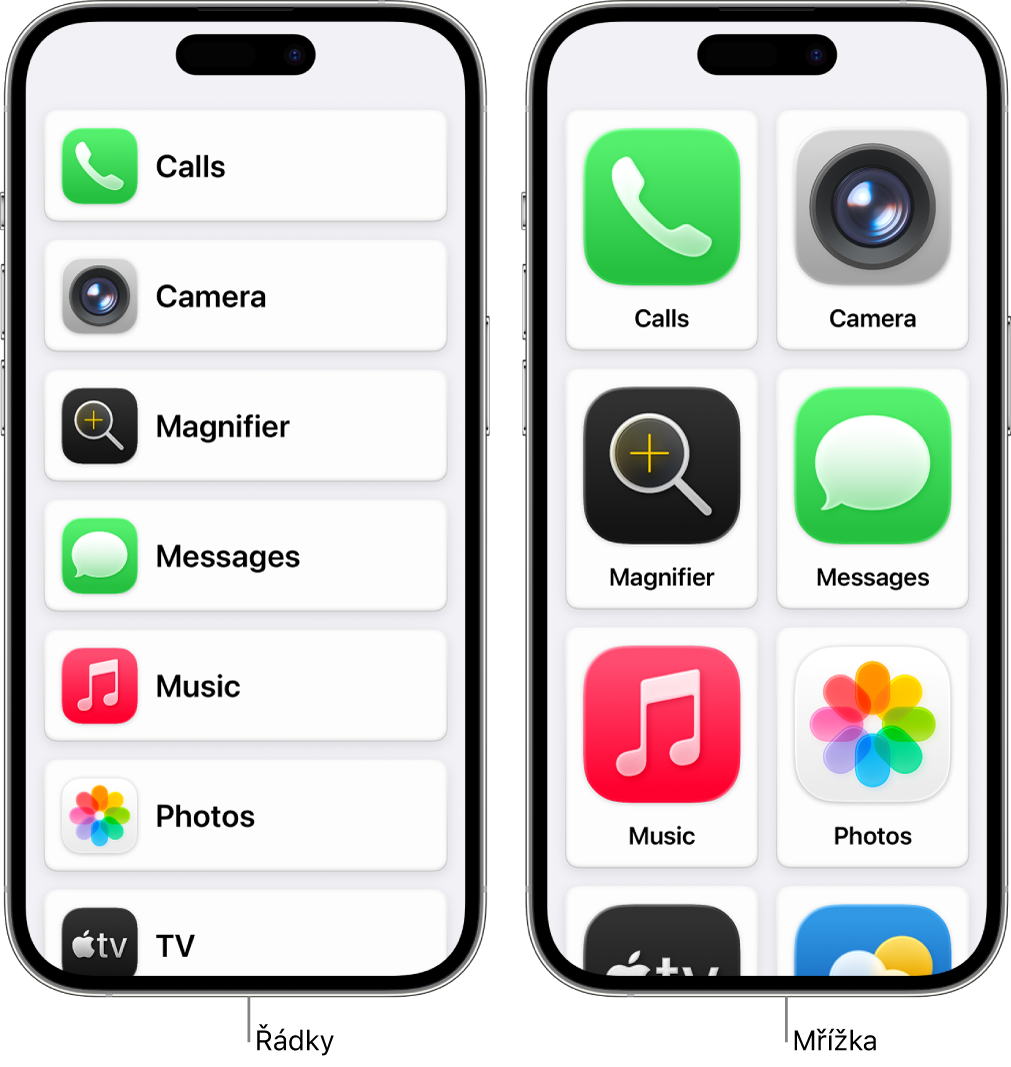 Displeje dvou iPhonů v režimu asistivního přístupu. Na ploše prvního je vidět seznam aplikací v řádcích. Na druhém jsou zobrazené velké aplikace uspořádané v mřížce.