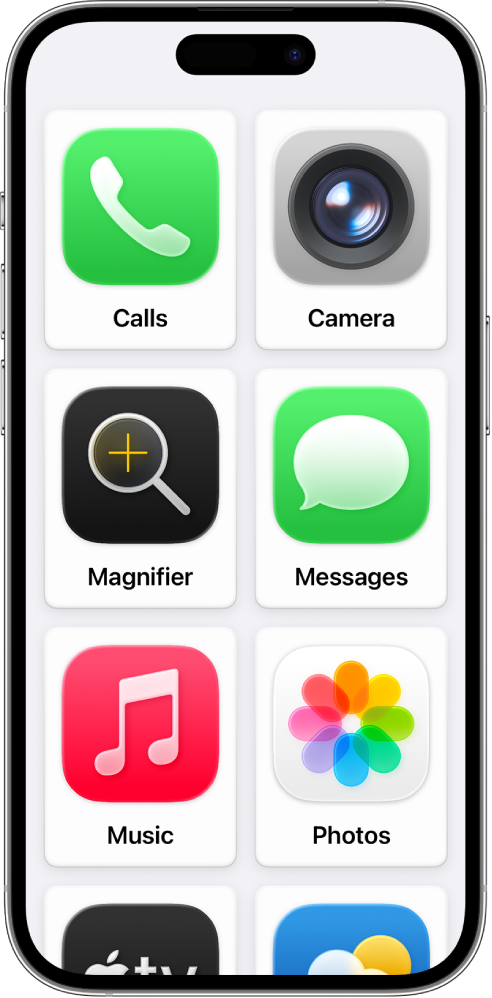 An iPhone showing the Assistive Access Home Screen with a large grid of app icons and their names.
