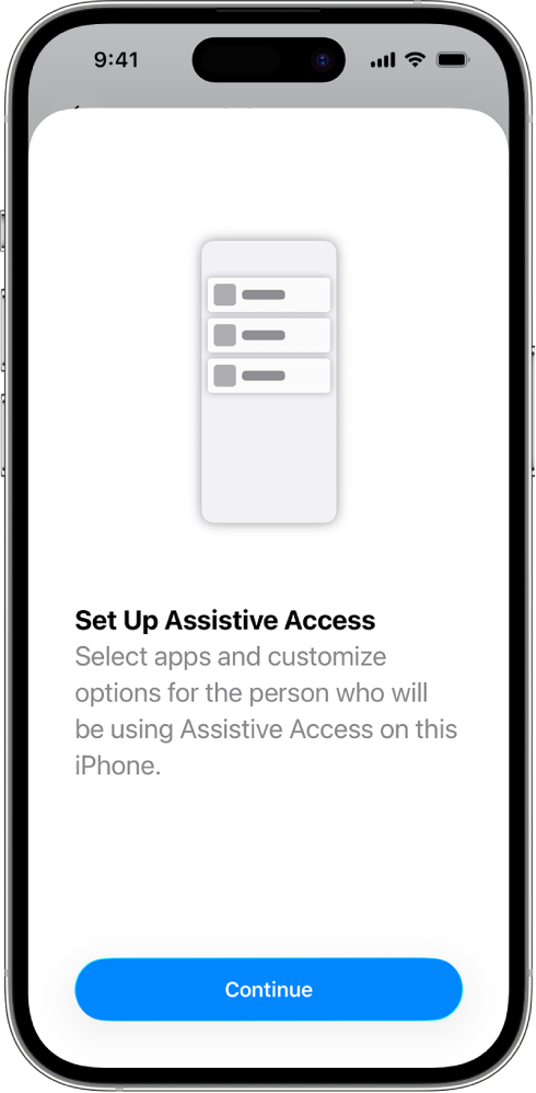 An iPhone showing the Assistive Access setup screen with the Continue button at the bottom.