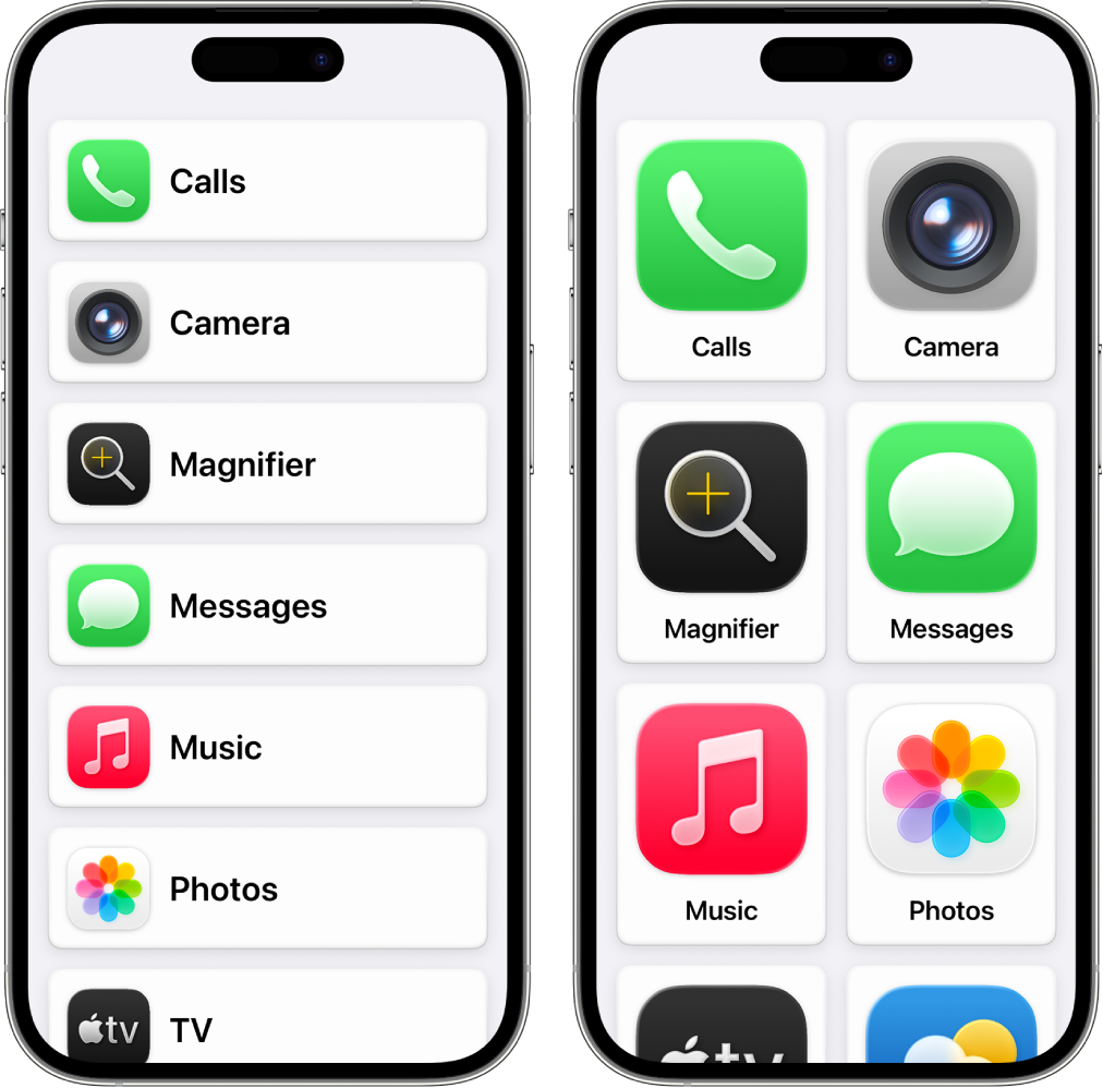 Two iPhone screens in Assistive Access. One shows the Home Screen with apps listed in a row. The other shows larger apps arranged in a grid.