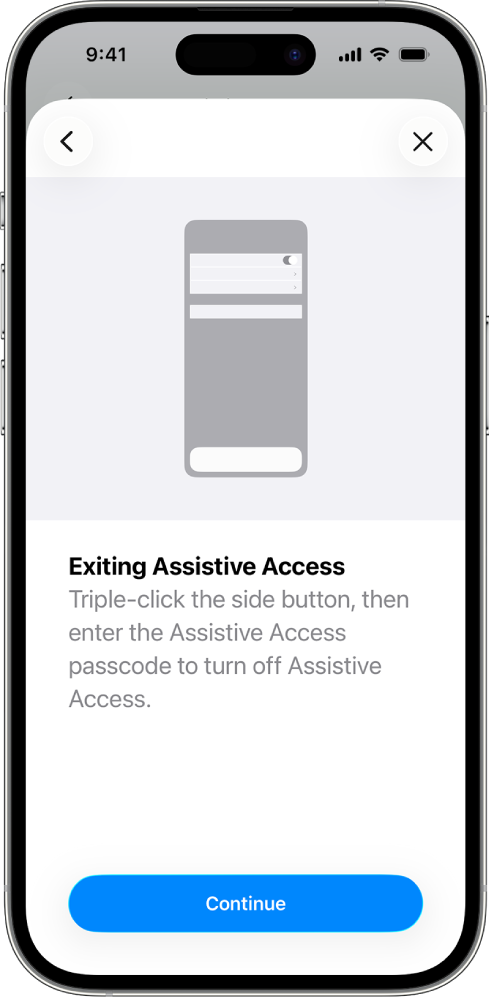 An iPhone with a screen explaining how to exit Assistive Access.