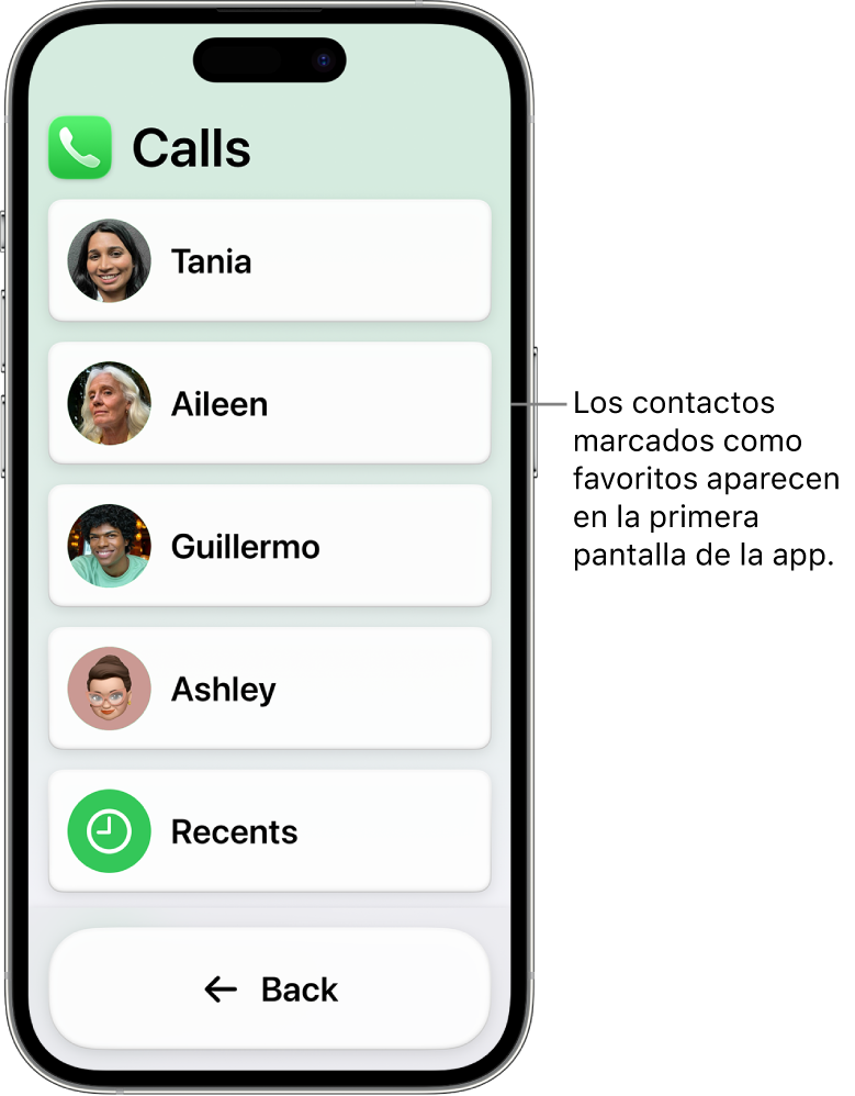 Un iPhone en acceso asistido con la app Llamadas abierta y mostrando una lista de nombres y fotos de contactos.