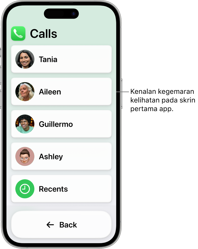 iPhone dalam Akses Bantu dengan app Panggilan dibuka, menunjukkan senarai foto dan nama kenalan.