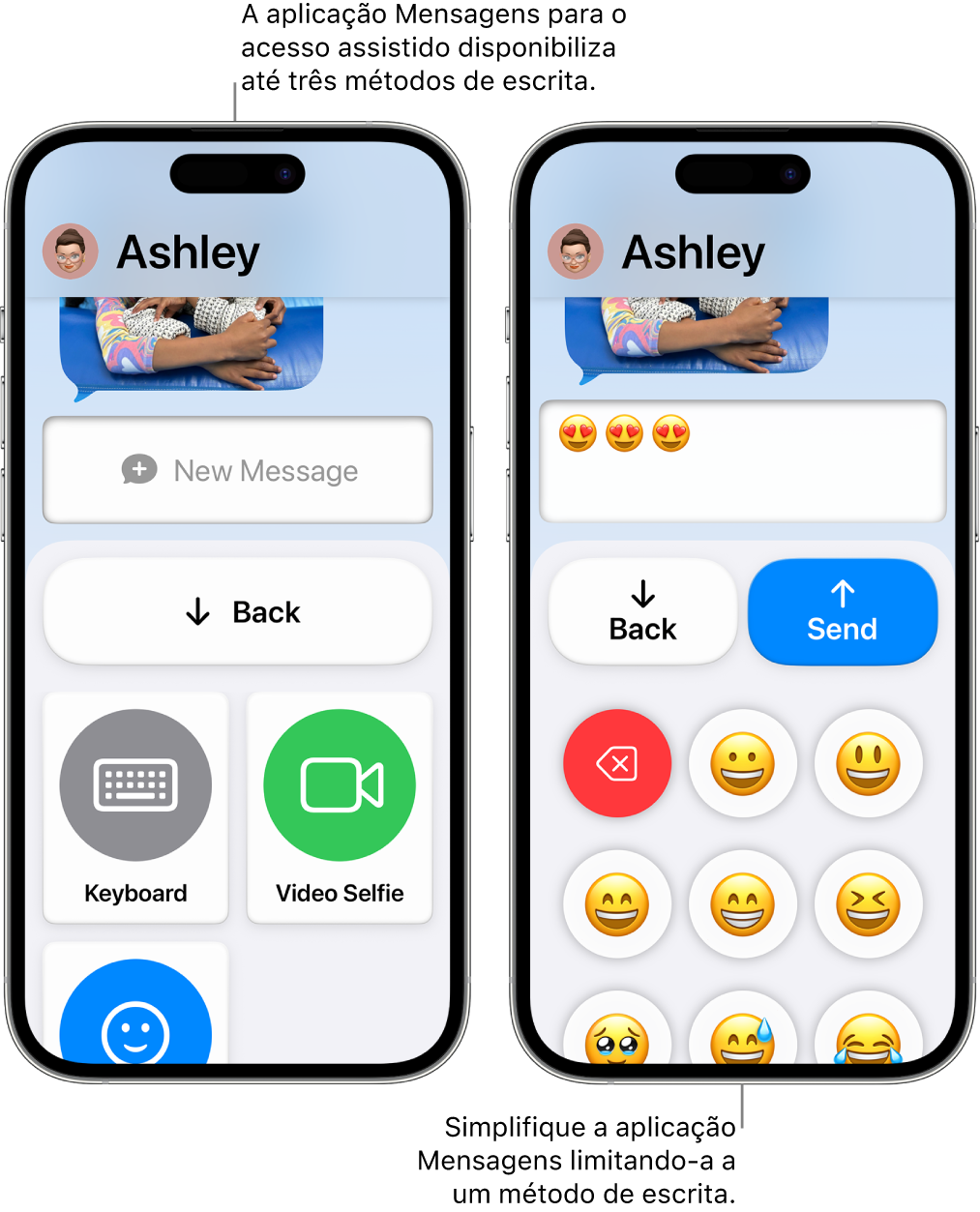 Dois ecrãs de iPhone em Acesso assistido. Um iPhone mostra a aplicação Mensagens com métodos de escrita para o utilizador escolher, como “Teclado” ou “Selfie de vídeo”. O outro mostra uma mensagem a ser enviada usando um teclado só de emoji.