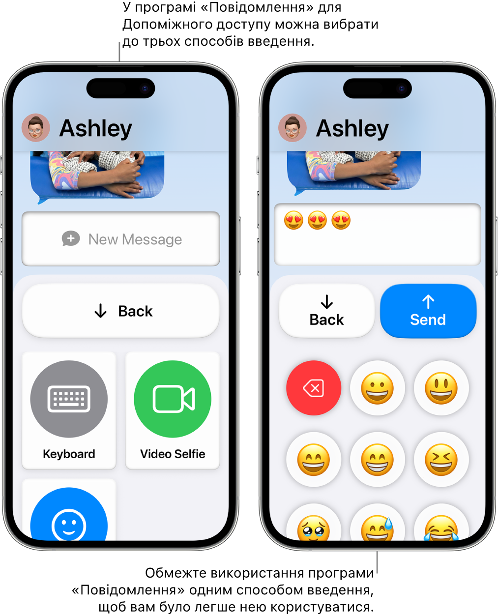 Два екрани iPhone у режимі Допоміжного доступу. На екрані одного iPhone — програма «Повідомлення» з варіантами способів вводу, як от «Клавіатура» чи «Відеоселфі». На іншому показано повідомлення, яке надсилається з використанням клавіатури, що містить лише емодзі.