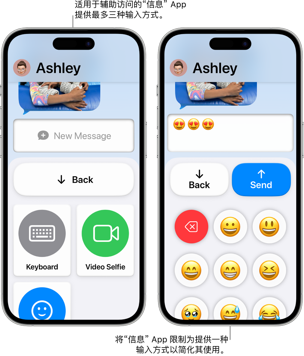 处于辅助访问模式的两个 iPhone 屏幕。其中一台 iPhone 上的“信息” App 显示可供用户选取的输入方式,如“键盘”或“视频自拍”。另一台显示正使用纯表情符号键盘发送的信息。