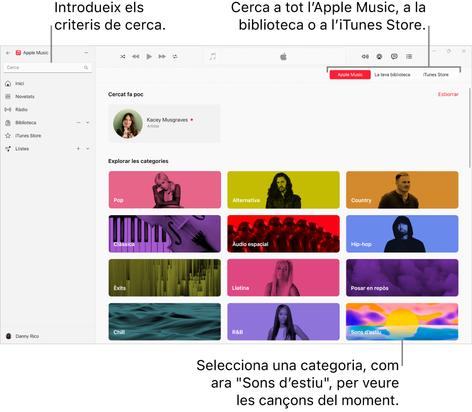 Finestra de l’Apple Music que mostra el camp de cerca a l’angle superior esquerre, la llista de categories al centre de la finestra, i els botons de l’Apple Music, la teva biblioteca o l’iTunes Store a l’angle superior dret.