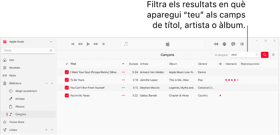 La finestra de l’Apple Music amb la llista de cançons que apareixen quan s’introdueix “amor” al camp del filtre que hi ha a l’angle superior dret. Les cançons de la llista tenen la paraula "amor" al títol o al nom de l’artista o al nom de l’àlbum.