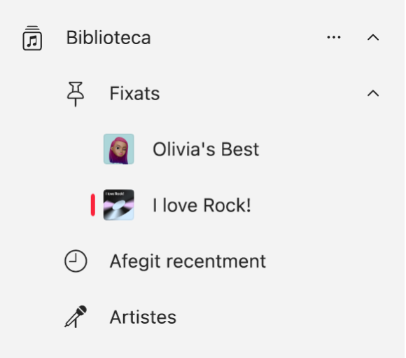 A la barra lateral de l’Apple Music es mostra la llista dels ítems que s’han fixat a la biblioteca.