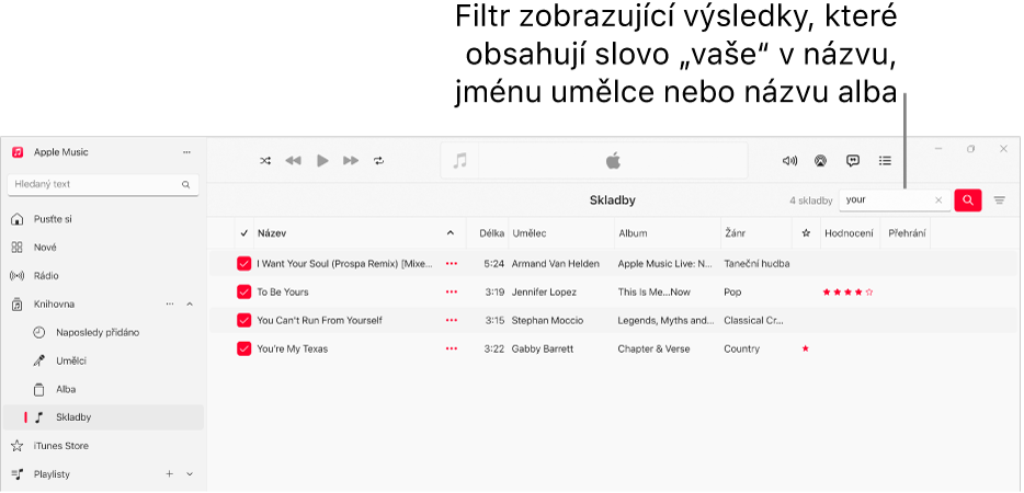 Okno Apple Music se seznamem skladeb, které se zobrazí, když se do pole filtru v pravém horním rohu zadá slovo „love“. Skladby v seznamu obsahují slovo „love“ v názvu skladby, jménu umělce nebo názvu alba.