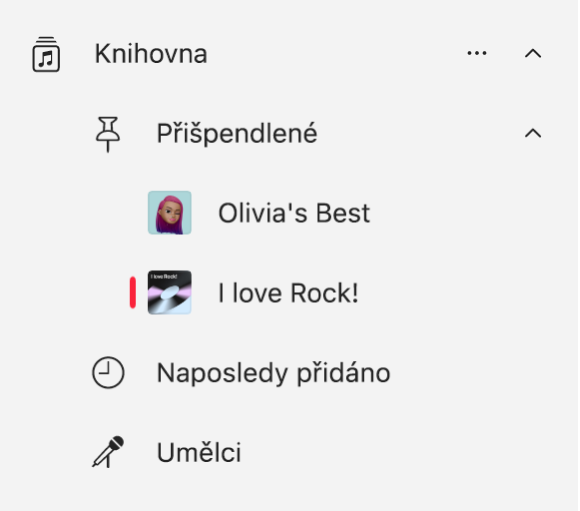 Boční panel aplikace Hudba zobrazující seznam přišpendlených položek v knihovně.
