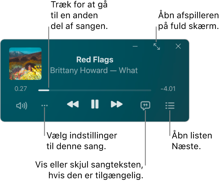 Miniafspilleren viser betjeningspanelet til den sang, der afspilles. Vinduets primære område viser albumbilleder til sangen. Under billedet vises et mærke til at gå til en anden del af sangen og knapper til at justere lydstyrken, vælge indstillinger, vise sangtekster og se, hvad der afspilles næste gang. I øverste højre hjørne er der en knap til at åbne afspilleren på fuld skærm.