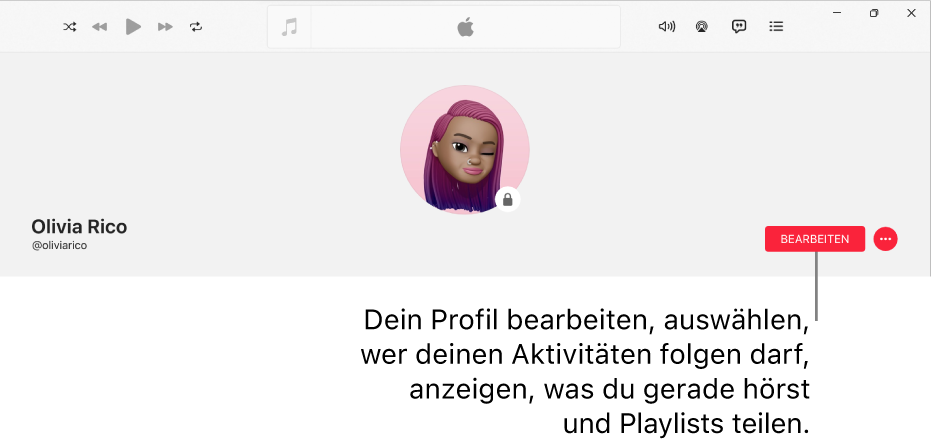 Die Profilseite in Apple Music: auf der rechten Seite des Fensters befindet sich die Taste „Bearbeiten“, die du auswählen kannst, um dein Profil zu bearbeiten, auszuwählen, wer deinen Aktivitäten folgen kann, anzuzeigen, was du hörst, und Playlists zu teilen.