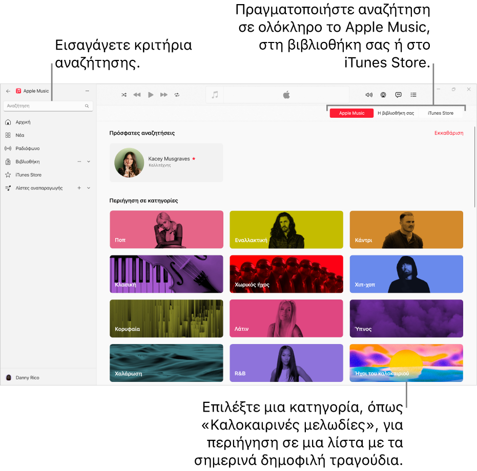 Το παράθυρο Apple Music όπου φαίνονται το πεδίο αναζήτησης στην πάνω αριστερή γωνία, η λίστα κατηγοριών στο κέντρο του παραθύρου, και τα κουμπιά «Apple Music», «Η Βιβλιοθήκη σας» και «iTunes Store» στην πάνω δεξιά γωνία.