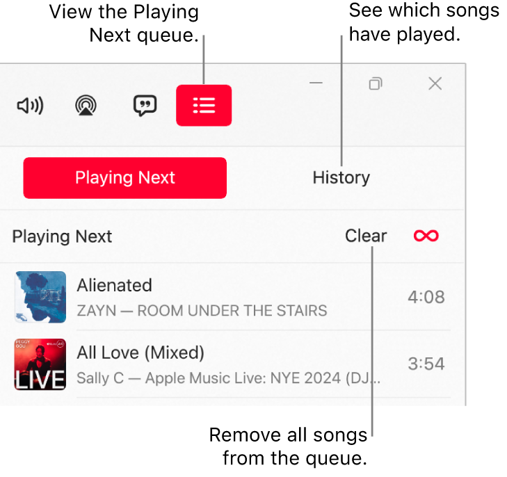 The top-right corner of the Apple Music window with the Playing Next button at the top of the Playing Next queue. The History button is to the right of the Playing Next button. Select the History button to see the previously played songs. The Clear link is below the History button. Select the Clear link to remove all songs from the queue.