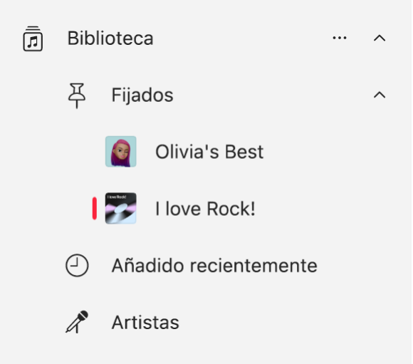 Barra lateral de la app Música con una lista de ítems fijados en la biblioteca.
