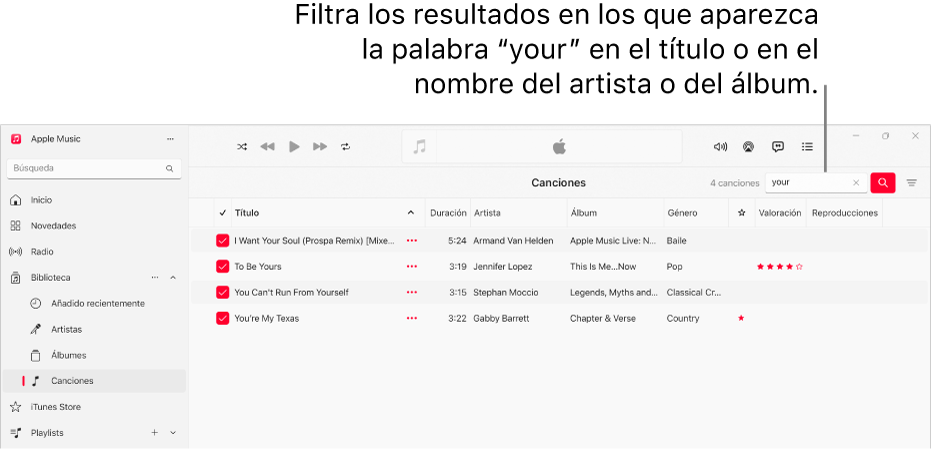 La ventana de Apple Music que muestra la lista de canciones que aparecen cuando se introduce “love” en el campo del filtro de la esquina superior derecha. Las canciones de la lista incluyen la palabra "love" en el título o el nombre del artista o del álbum.