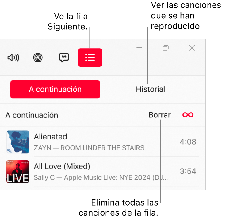 La esquina superior derecha de la ventana de Apple Music con el botón “A continuación” en la parte superior de la cola “A continuación”. El botón Historial está a la derecha del botón “A continuación”. Selecciona el botón Historial para ver las canciones que se han reproducido previamente. El enlace Borrar está debajo del botón Historial. Selecciona el enlace Borrar para eliminar todas las canciones de la cola.