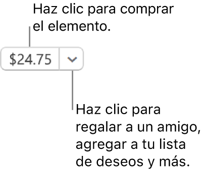 Un botón que indica un precio. Selecciona el precio para comprar el elemento. Selecciona la flecha situada junto al precio para regalar el elemento a alguien, agregarlo a tu lista de deseos, y más.