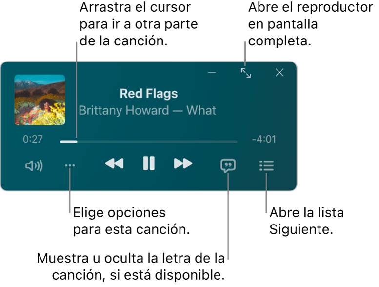 El mini reproductor muestra los controles de la canción que se está reproduciendo. La parte principal de la ventana muestra la ilustración del álbum de la canción. Debajo de la ilustración hay un regulador para ir a otro segmento de la canción, y botones para ajustar el volumen, elegir opciones, mostrar la letra, y ver lo que se reproduce a continuación. En la esquina superior derecha hay un botón para abrir el reproductor en pantalla completa.