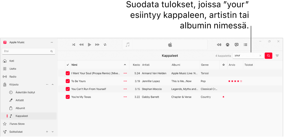 Apple Music -ikkuna, jossa on kappaleluettelo, joka tulee näkyviin, kun oikean yläkulman suodatinkenttään kirjoitetaan ”love”. Luettelon kappaleissa on sana ”love” kappaleen, artistin tai albumin nimessä.