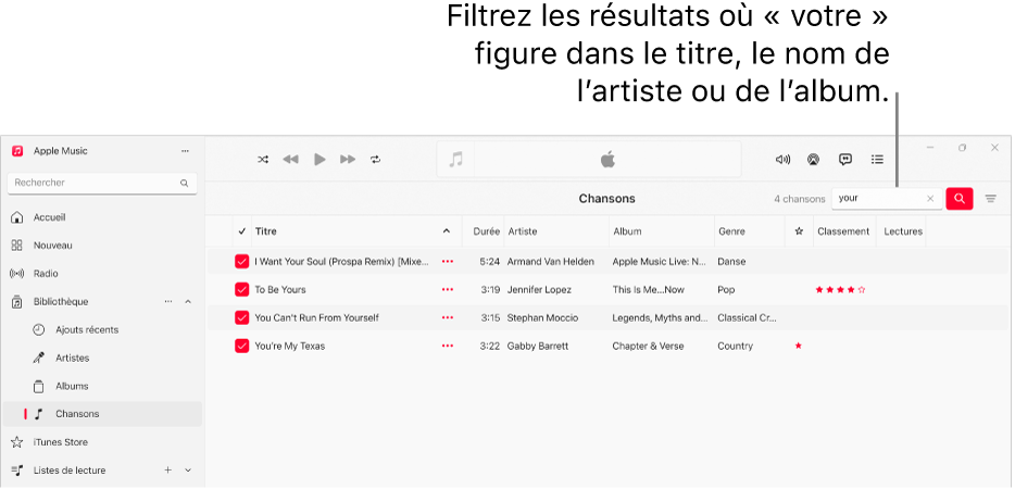 La fenêtre Apple Music affichant la liste des chansons qui apparaissent lorsque « amour » est saisi dans le champ de filtre dans le coin supérieur droit. Les chansons de la liste incluent le mot « amour » dans leur titre, leur nom d’artiste ou d’album.
