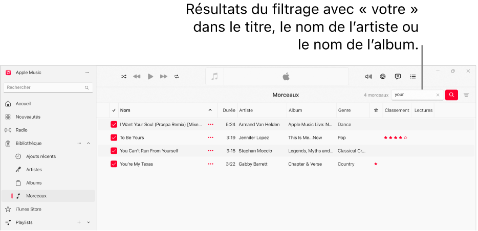 La fenêtre Apple Music affichant la liste des morceaux trouvés lorsque l’utilisateur saisit « love » dans le champ de recherche en haut à droite. Les morceaux de la liste incluent le terme « love » dans leur titre, le nom de l’artiste ou de l’album.