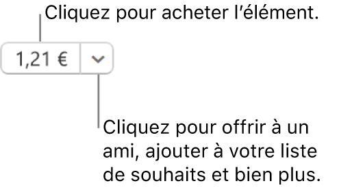 Un bouton affichant un prix. Sélectionnez le prix pour acheter l’article. Sélectionnez la flèche en regard du prix pour offrir l’article à un ami, l’ajouter à votre liste de souhaits, et plus encore.
