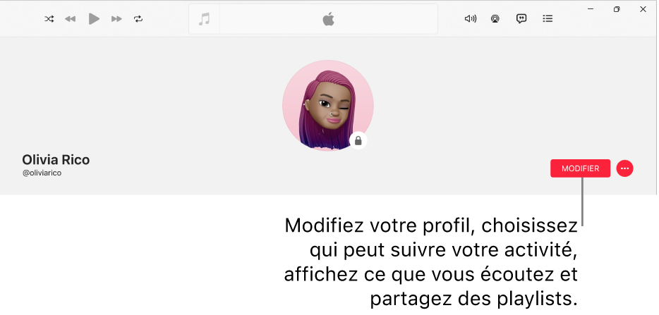 La page de profil dans Apple Music : Sur le côté droit de la fenêtre se trouve le bouton Modifier, qui vous sert à modifier votre profil, choisir qui peut suivre votre activité, afficher ce que vous écoutez et partager des playlists.