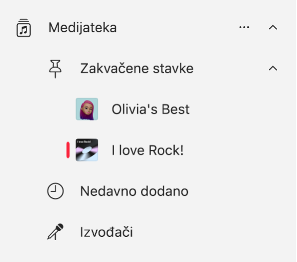 Rubni stupac Glazbe prikazuje popis stavki koje su zakvačene u medijateci.