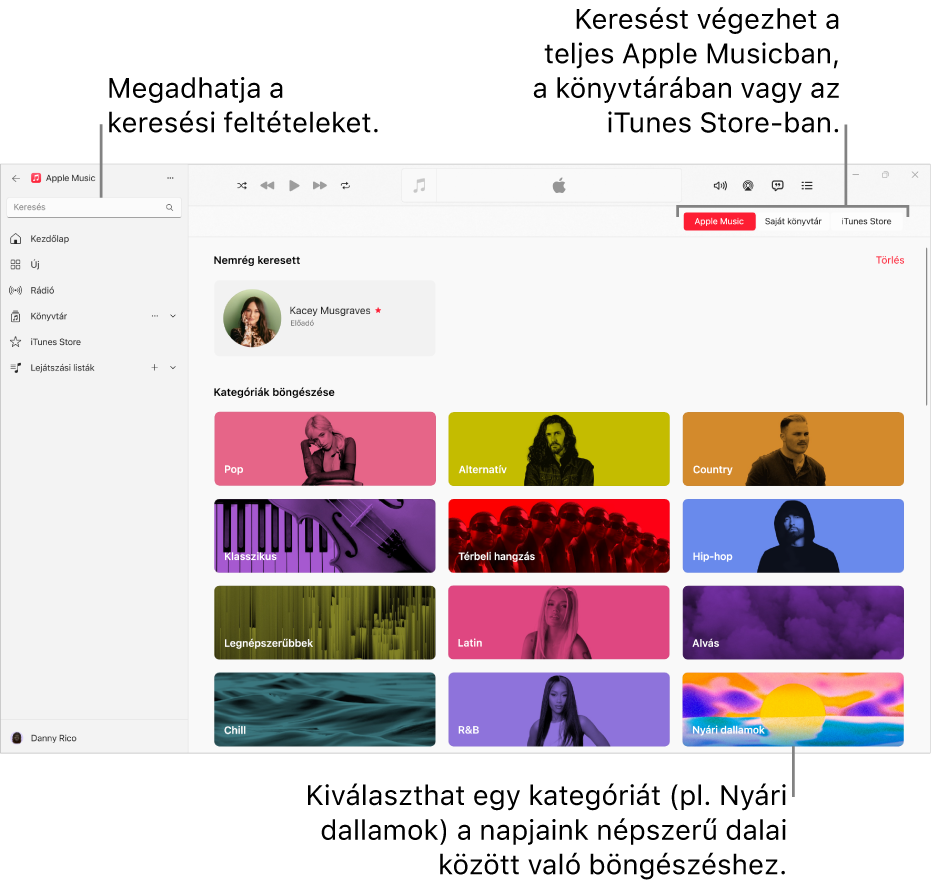Az Apple Music ablaka a keresési mezővel a bal felső sarokban, a kategóriák listájával az ablak közepén, valamint az Apple Music, a Könyvtár és az iTunes Store elemekkel a jobb felső sarokban.