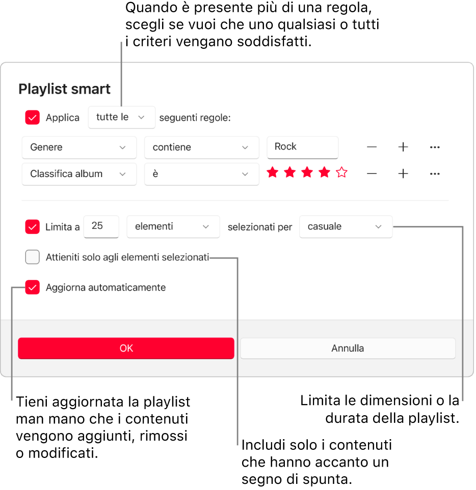 La finestra di dialogo Playlist smart: Nell’angolo in alto a sinistra, seleziona Applica, quindi specifica i criteri della playlist (ad esempio, Genere o Classifica). Continua ad aggiungere o rimuovere regole selezionando il pulsante Aggiungi o Rimuovi a destra. Seleziona varie opzioni nella parte inferiore della finestra di dialogo, ad esempio limitare le dimensioni o la durata della playlist, includendo solo i brani che sono selezionati o fare in modo che Apple Music aggiorni la playlist mentre gli elementi nella tua libreria cambiano.