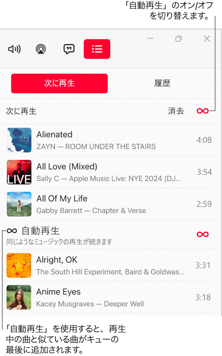「次に再生」キュー。再生予定の曲のリストと、右側に「自動再生」アイコンが表示されています。「自動再生」アイコンを選択すると、オン/オフが切り替わります。自動再生がオンのときは、似たような曲がキューの終わりに追加されます。