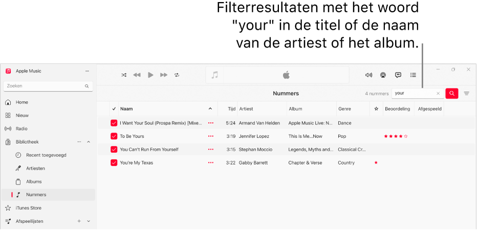 Het Apple Music-venster met de lijst met nummers die worden weergegeven wanneer rechtsboven in het filterveld het woord "love" wordt getypt. De nummers in de lijst hebben het woord "love" in de titel of in de naam van de artiest of het album.