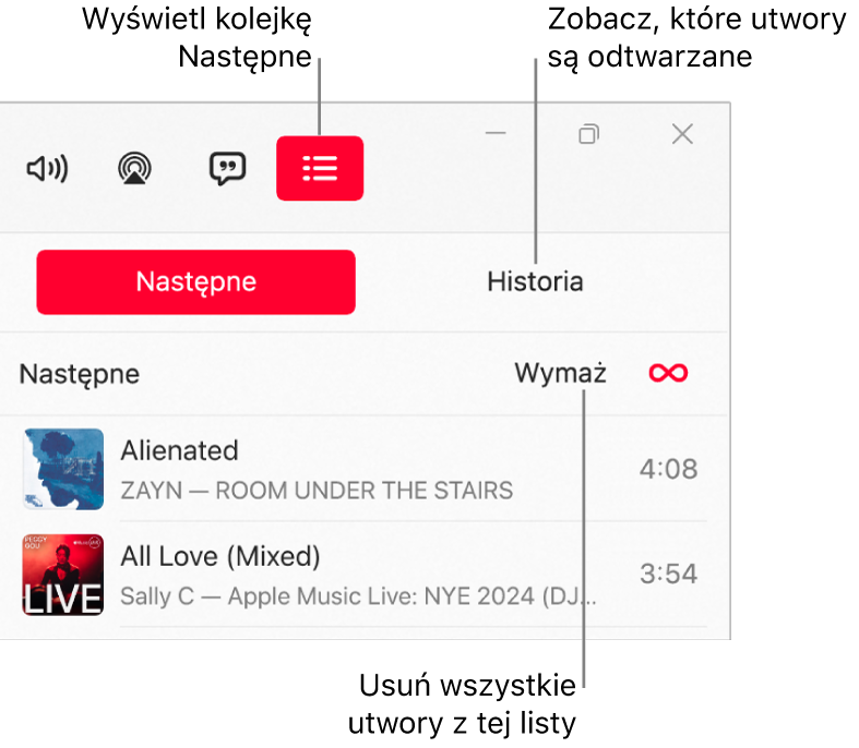 Prawy górny róg okna aplikacji Apple Music. U góry widoczny jest przycisk Następne, który wyświetla kolejkę Następne. Na prawo od przycisku Następne znajduje się przycisk Historia. Wybierz przycisk Historia, aby zobaczyć ostatnio odtwarzane utwory. Pod przyciskiem Historia znajduje się łącze Wymaż. Wybierz łącze Wymaż, aby usunąć wszystkie utwory z kolejki.