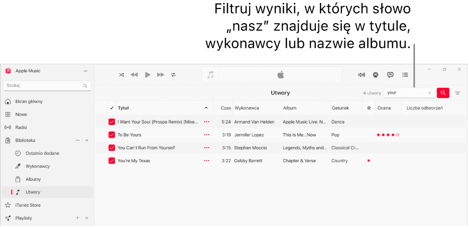 Okno Apple Music z listą utworów wyświetlaną po wprowadzeniu „love” w polu filtra w prawym górnym rogu. Utwory znajdujące się na liście zawierają słowo „love” w tytule, nazwie wykonawcy lub tytule albumu.