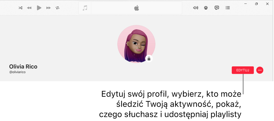 Strona profilu w Apple Music: po prawej stronie okna znajduje się przycisk edycji, który pozwala edytować profil, wybrać osoby, które mogą obserwować Twoją aktywność, pokazywać, czego słuchasz, oraz udostępniać playlisty.