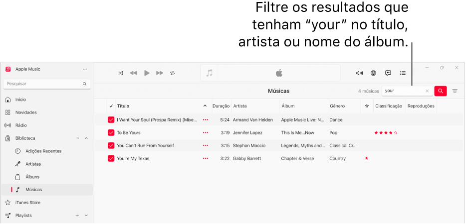 Janela do Apple Music mostrando a lista de músicas que são exibidas quando “amor” é digitado no campo de filtro no canto superior direito. As músicas na lista incluem a palavra “amor” em seu título, artista ou nome do álbum.
