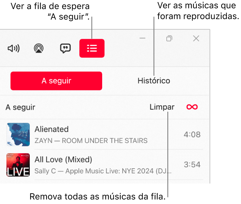 O canto superior direito da janela de Apple Music com o botão “A seguir” na parte superior da fila de espera “A seguir”. O botão “Histórico” está à direita do botão “A seguir”. Selecione o botão “Histórico” para ver as músicas reproduzidas anteriormente. A hiperligação “Limpar” está sob o botão “Histórico”. Selecione a hiperligação “Limpar” para remover todas as músicas da fila de espera.