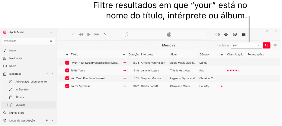 A janela de Apple Music a mostrar a lista de músicas que surgem quando “amor” é digitado no campo de filtro no canto superior esquerdo. As músicas na lista incluem a palavra “love” no título, intérprete ou nome do álbum.