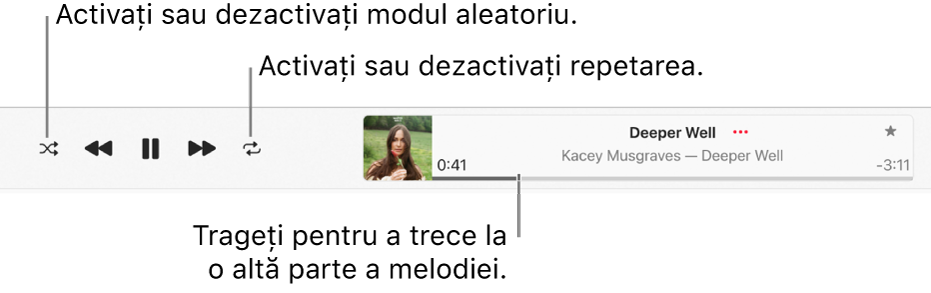 Fereastra de redare cu o melodie în curs de redare. Butonul Mod aleatoriu se află în colțul din stânga sus; butonul Repetă se află în stânga ilustrației albumului. Derulatorul este sub numele melodiei, în partea dreaptă a ferestrei.