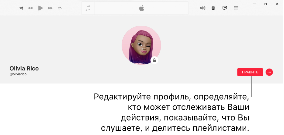 Страница профиля в Apple Music. Справа в окне находится кнопка «Править». Выбрав ее, можно внести изменения в свой профиль, указать, кто может следить за Вашей активностью, включить отображение музыки, которую Вы слушаете, и делиться плейлистами.