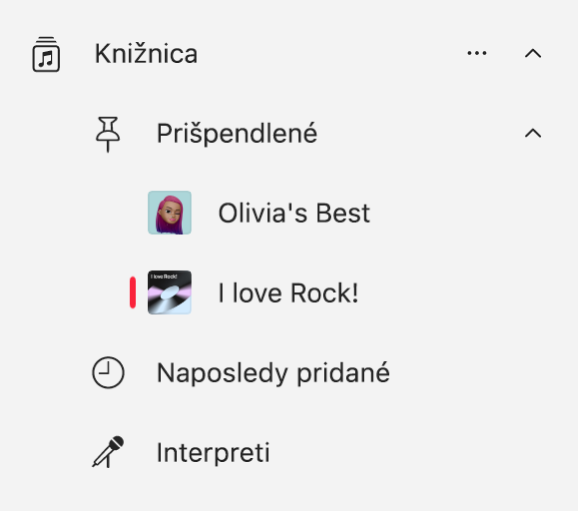 Postranný panel apky Hudba zobrazujúci zoznam položiek, ktoré boli pripnuté v knižnici.