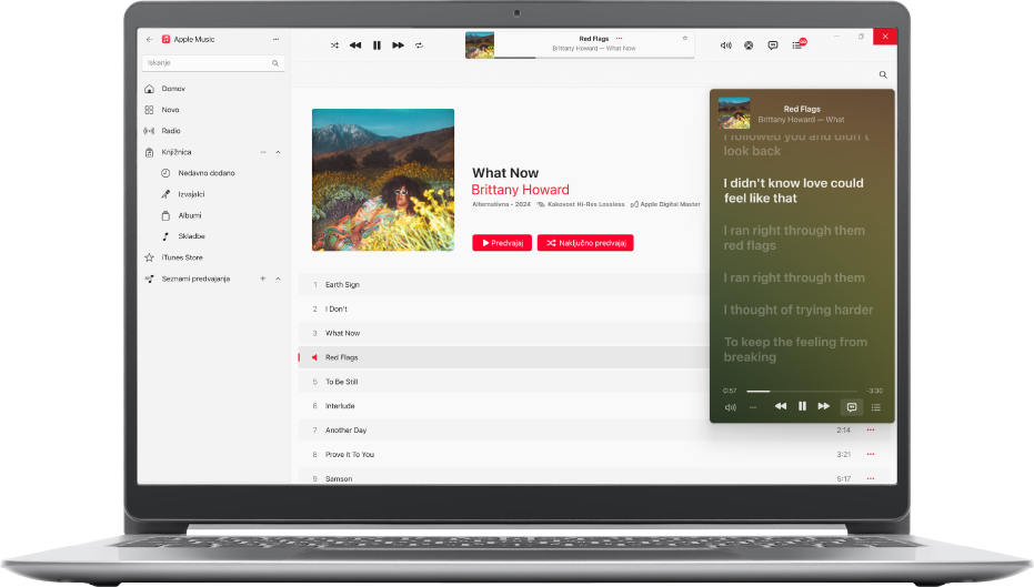 Okno aplikacije Apple Music, v katerem sta prikazana album in skladba, ter okno predvajalnika MiniPlayer, v katerem se predvaja skladba, pod njo pa besedilo, ki se sočasno z glasbo prikaže na zaslonu.