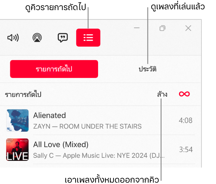 มุมขวาบนสุดของหน้าต่าง Apple Music ที่มีปุ่มรายการถัดไปที่ด้านบนสุดของคิวรายการถัดไป ปุ่มประวัติอยู่ทางขวาของปุ่มรายการถัดไป เลือกปุ่มประวัติเพื่อดูเพลงที่เล่นก่อนหน้านี้ ลิงก์ล้างอยู่ด้านล่างปุ่มประวัติ เลือกลิงก์ล้างเพื่อเอาเพลงทั้งหมดออกจากคิว