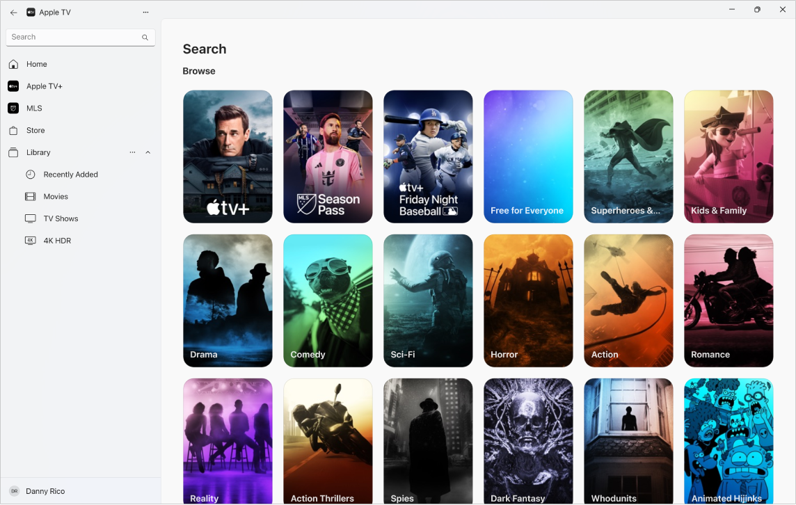 تطبيق Apple TV مع بحث مفتوح.