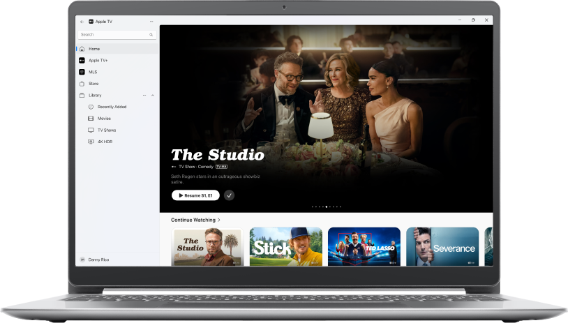 The Apple TV app window showing Home.