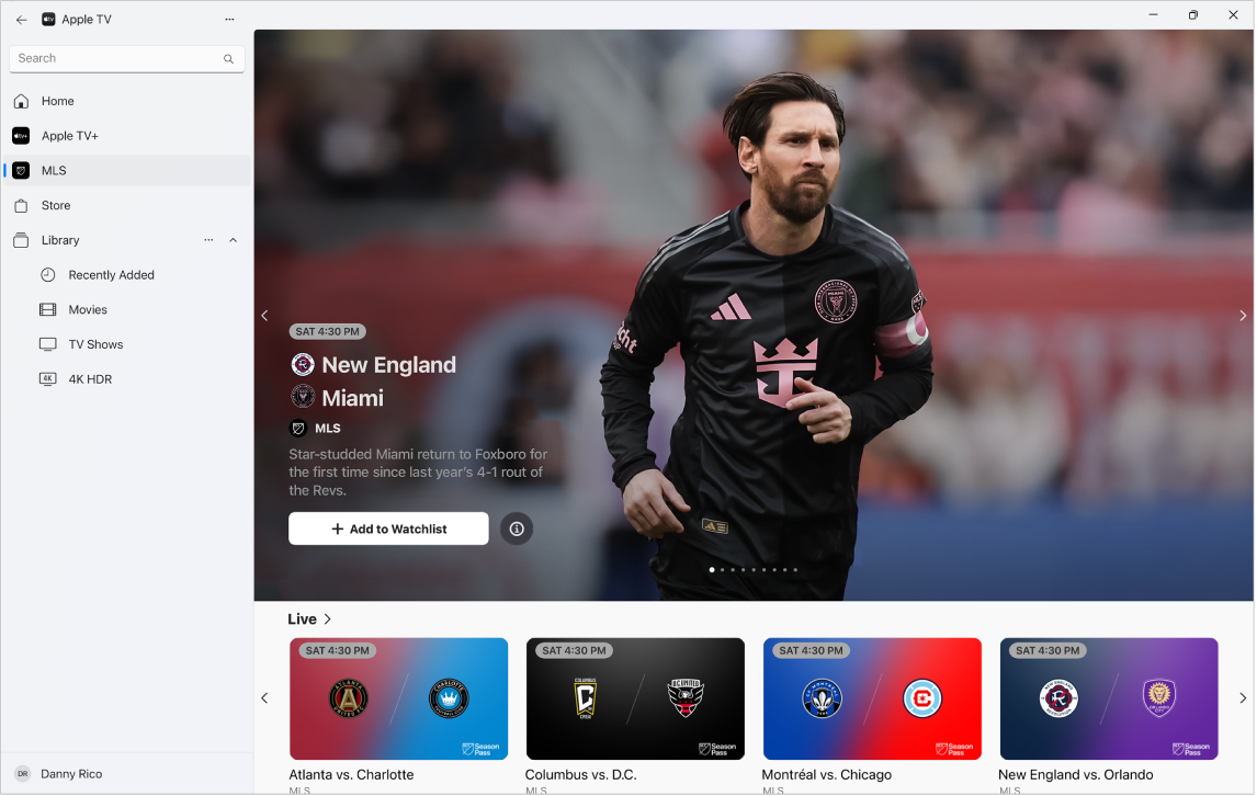 The Apple TV app with MLS open.