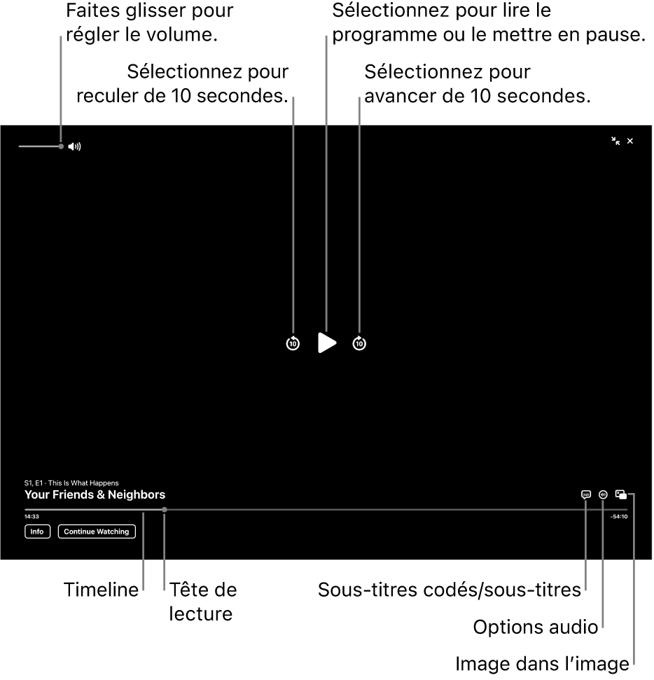 Commandes de lecture dans le visualiseur, notamment les boutons de lecture ou de pause, pour avancer ou reculer, et pour ajuster le volume.
