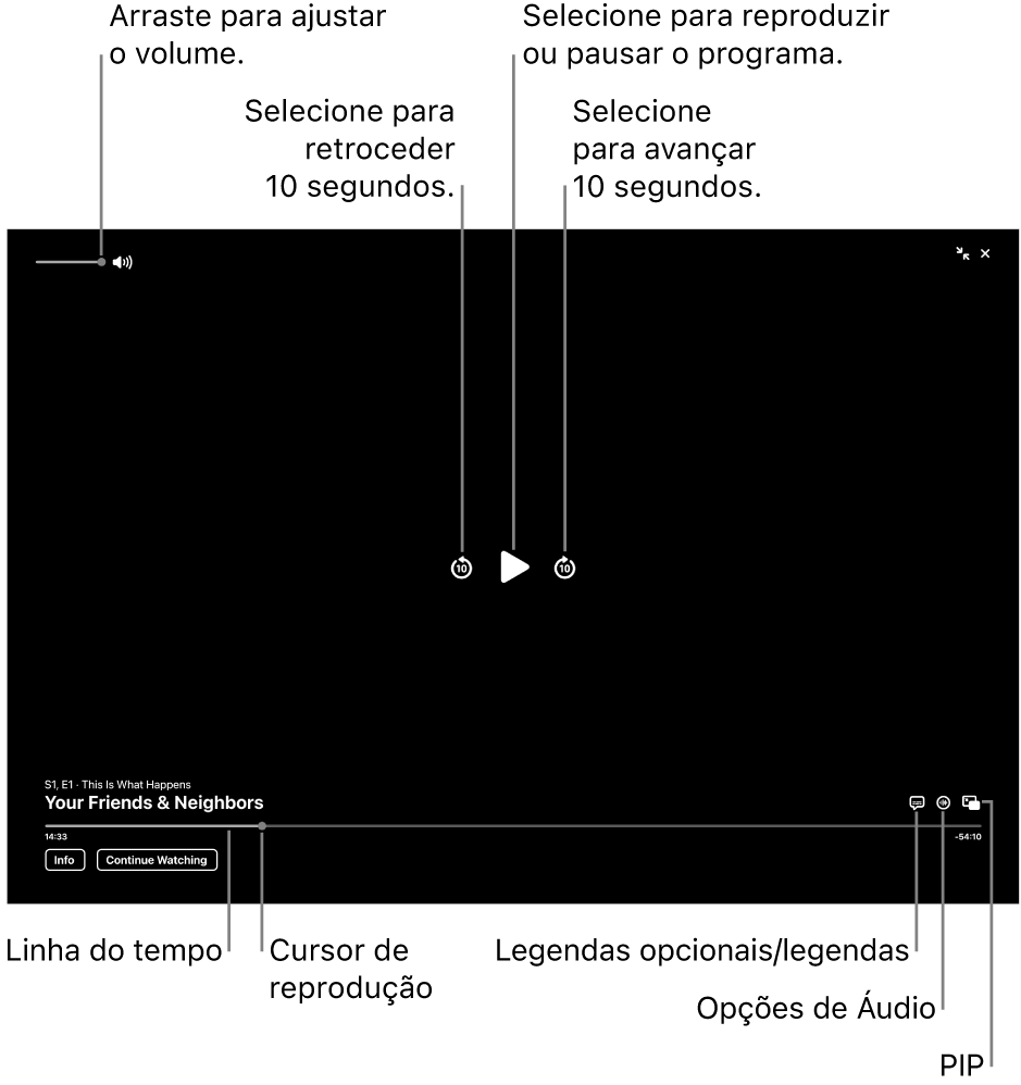 Controles de reprodução no visualizador, incluindo botões para reproduzir ou pausar, avançar ou retroceder e ajustar o volume.
